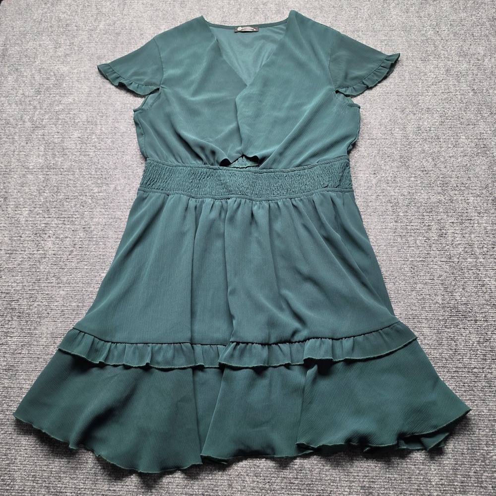 PrettyGarden Dark Green Wrap V Neck Smocked Waist Ruffle Mini Dress Womens XL